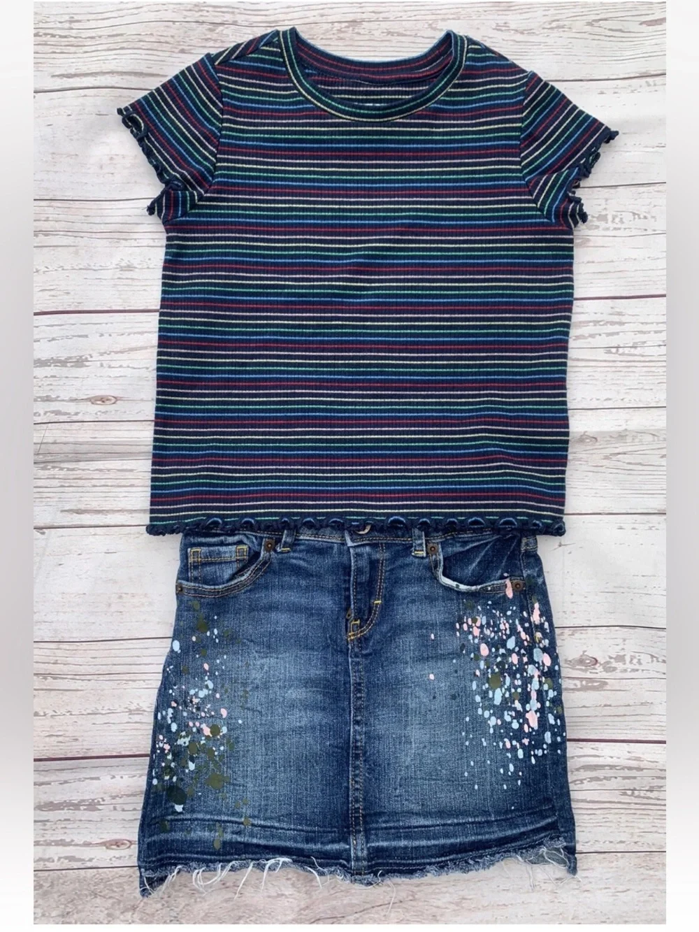 Lot of 2 Girls Gymboree Sz S (5-6) Blue Striped Top and Denim Distressed Skirt